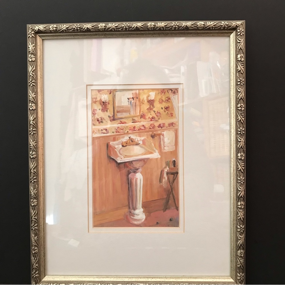 Framed oil painting pedestal sink/bathroom print 12” x 15”